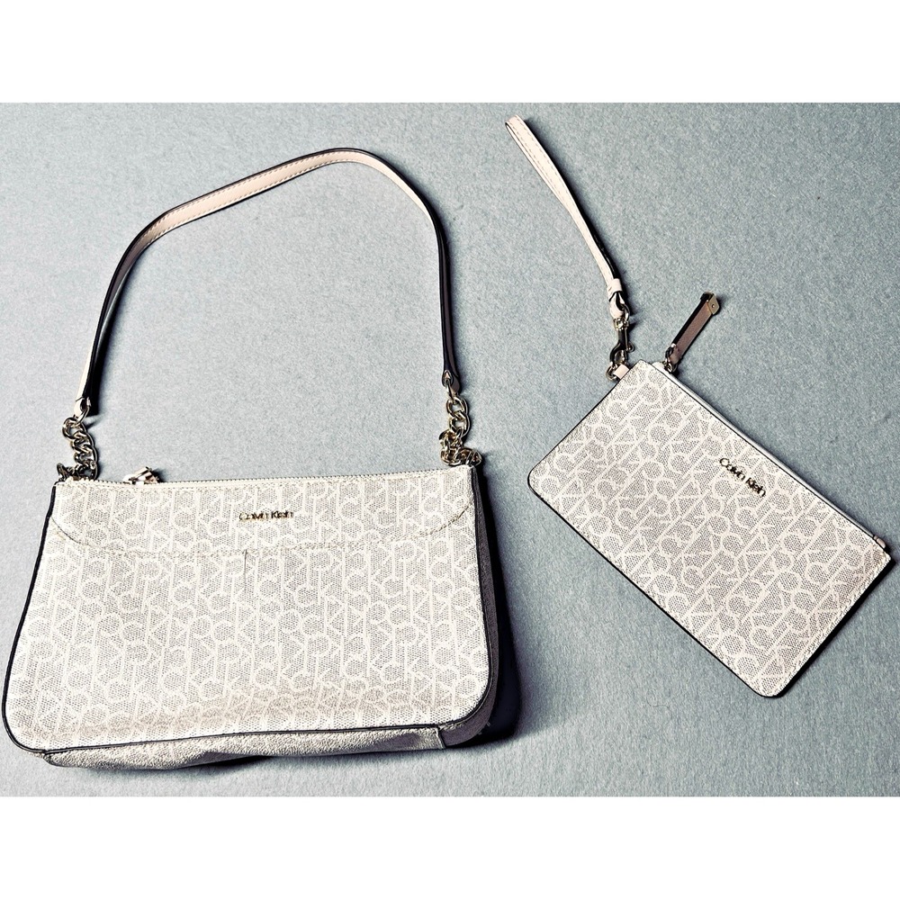 VTG 90s Calvin Klein Saddle Bag Purse Creme Gold+Matching Wristlet Monogram FLAW